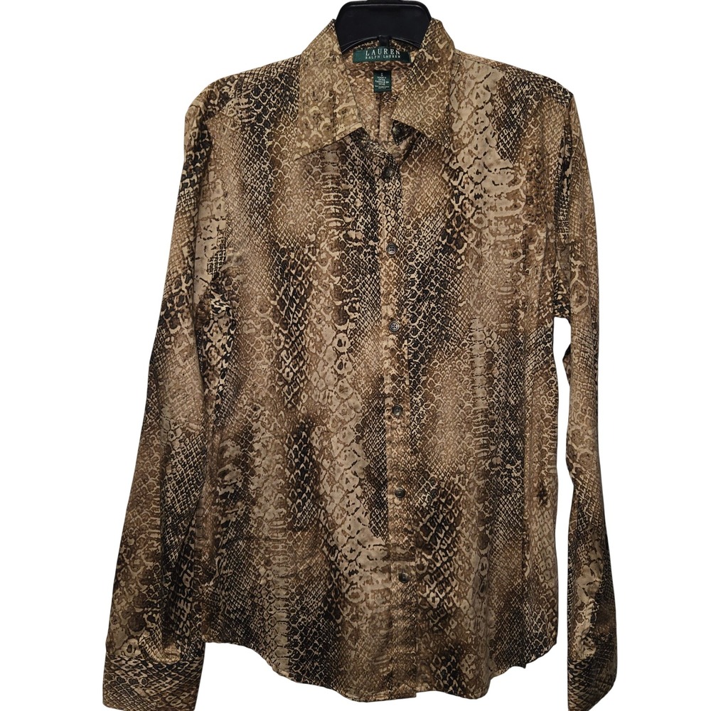 Lauren Ralph Lauren Snakeskin Print Cotton Button Down Shirt Brown Tan Small